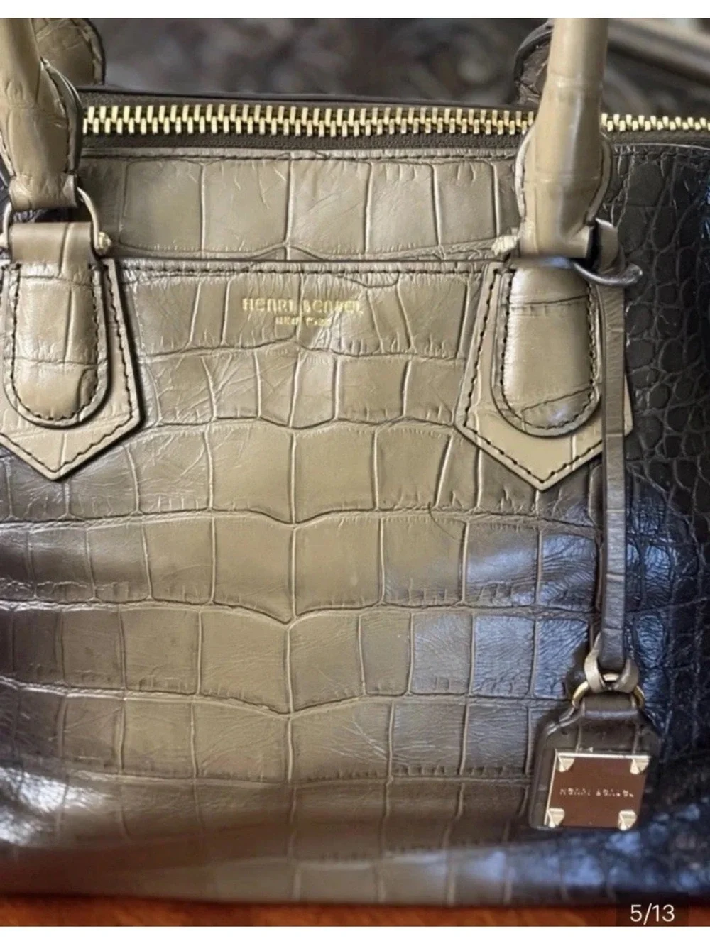 Henri Bendel Croc-Embossed Leather Satchel Olive/Black